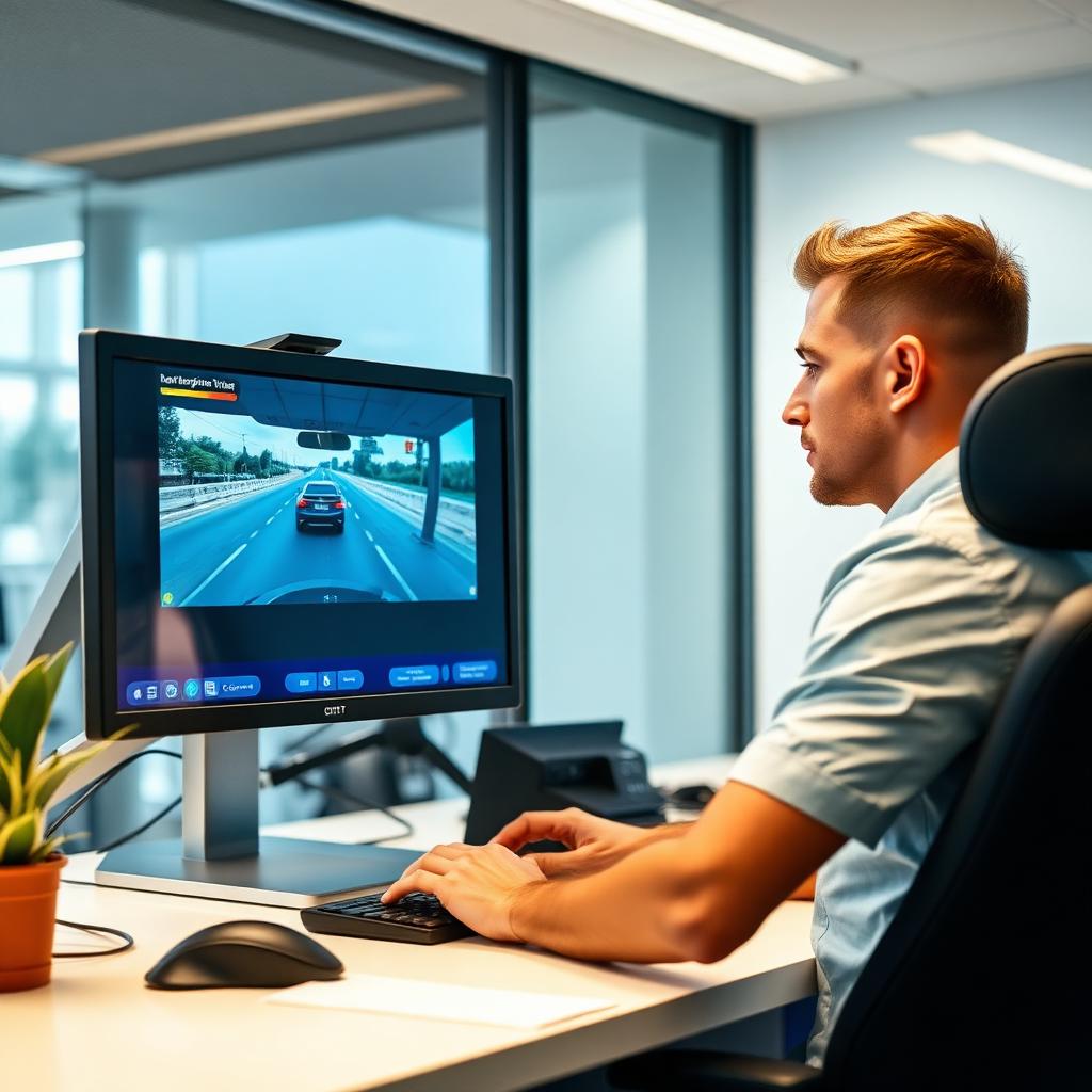 A learner driver seated at a computer taking the Hazard Perception Test, watching a driving clip on screen